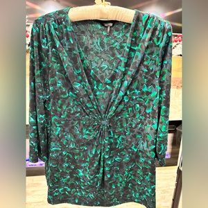 Daisy Fuentes Teal Green, Navy Blue & Black Abstract Floral Blouse